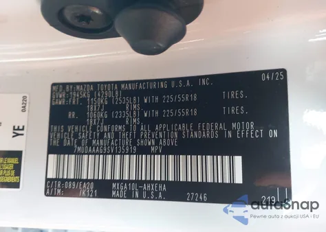 2025 Toyota Corolla Cross Xle из США, поврежденный, VIN 7MUDAAAG9SV135919